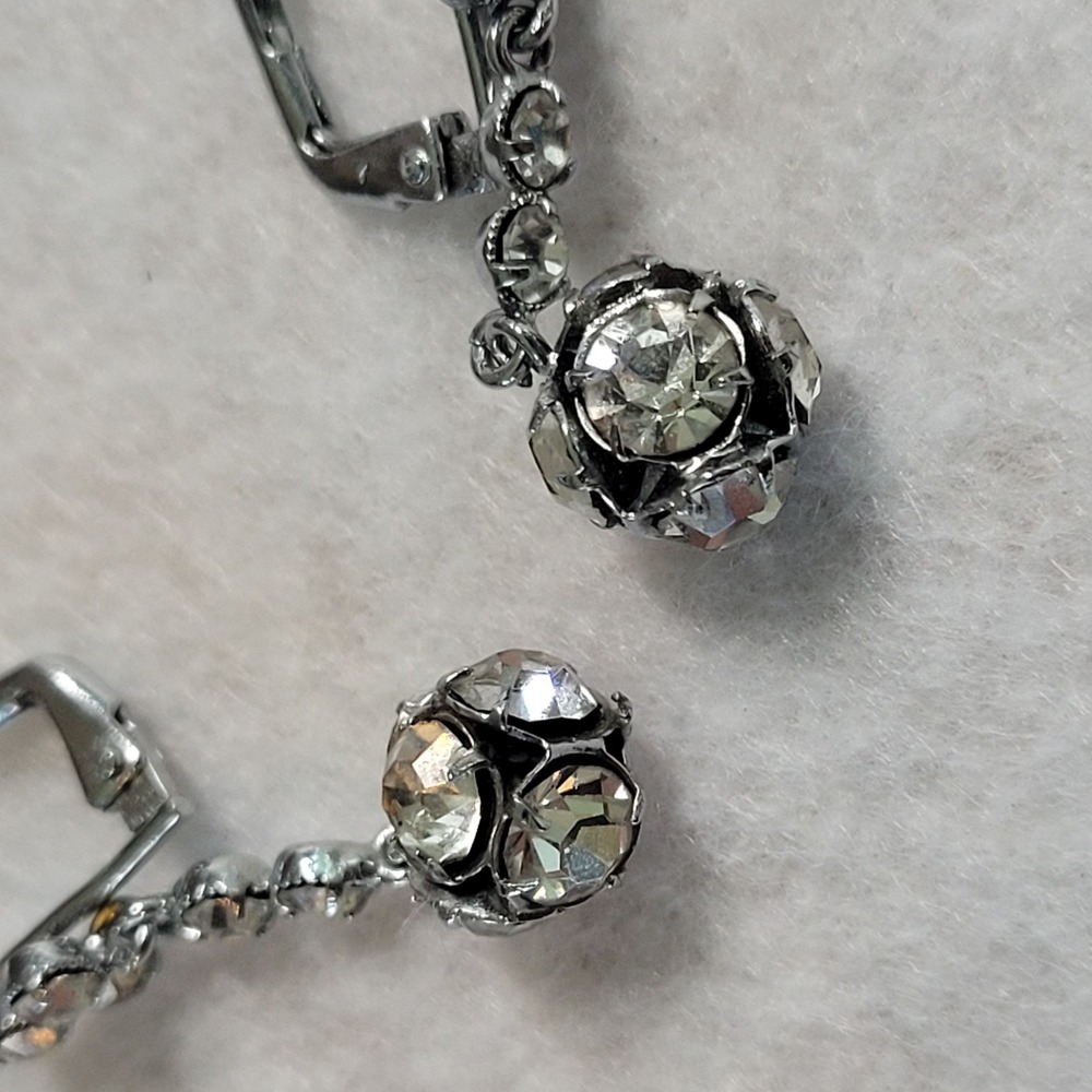 Vintage Rhinestone Ball Drop Earrings Silver Tone Leverback Crystal Dangle